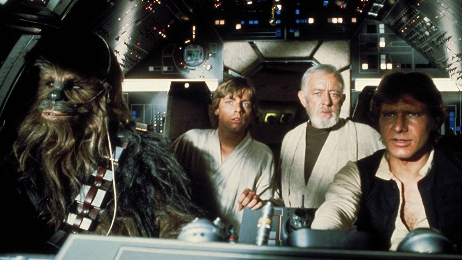 Foto: Peter Mayhew, Mark Hamill, Alec Guiness y Harrison Ford en 'La guerra de las galaxias'. (20th Century fox)