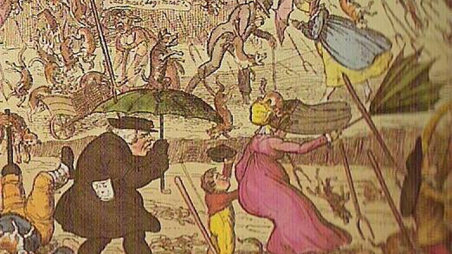 Caricatura humorística inglesa del siglo xix, donde llueven perros y gatos.
