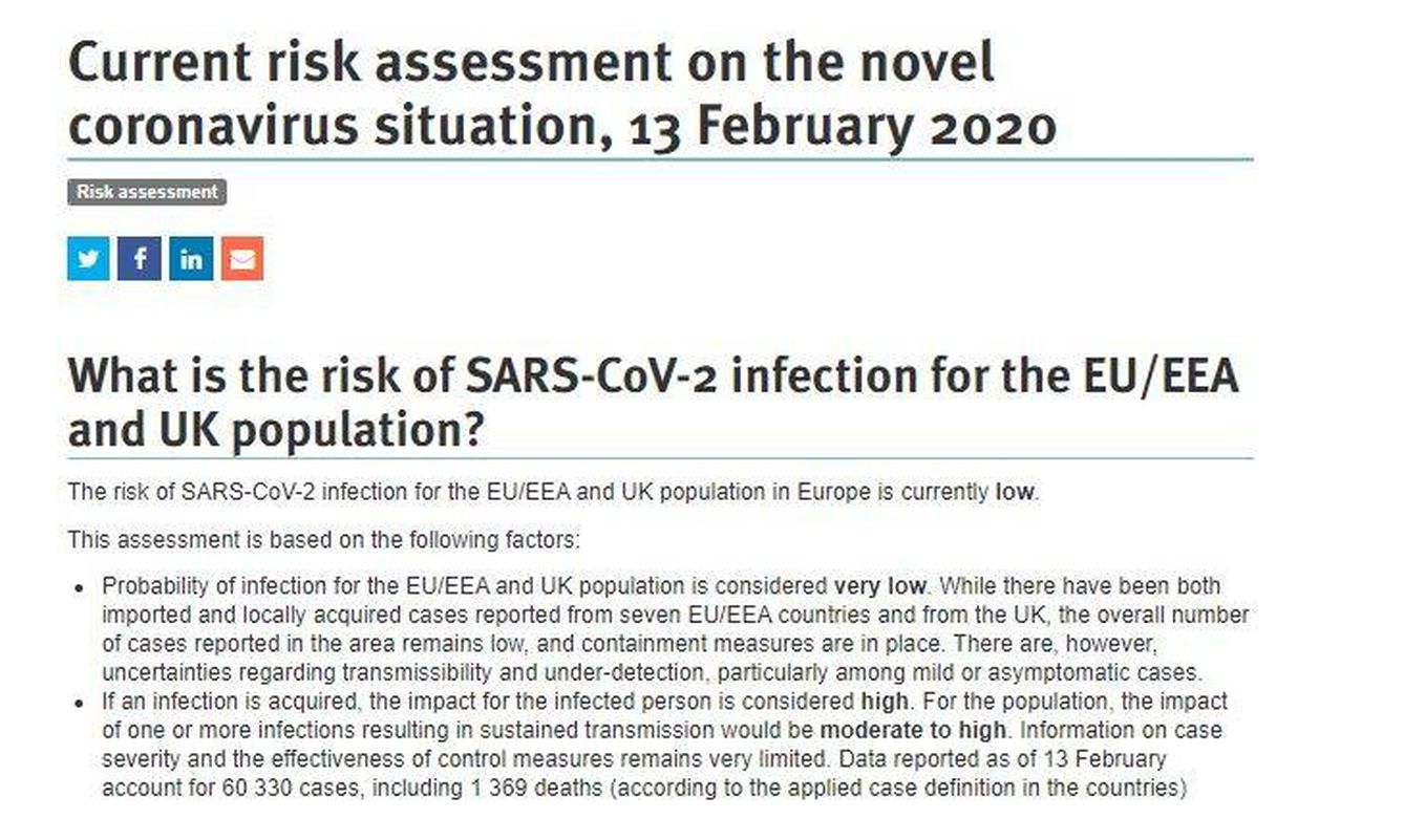 Evaluación de riesgo publicada el pasado 13 de febrero por el ECDC.