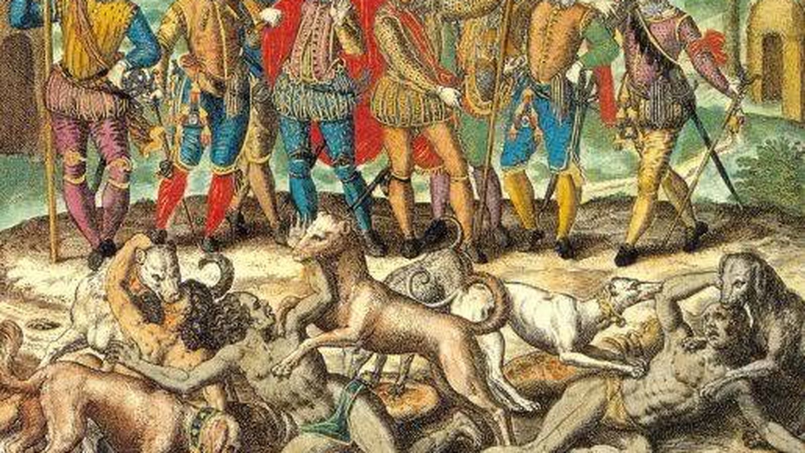 Foto: Aperreamiento de indígenas americanos por los conquistadores. Grabado de Theodor de Bry (s. XVI).