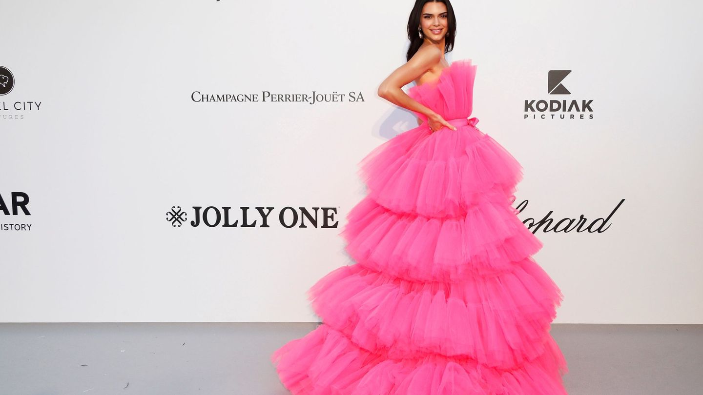 La modelo Kendall Jenner posa a su llegada a la gala amfAR con el vestido en cuestión.