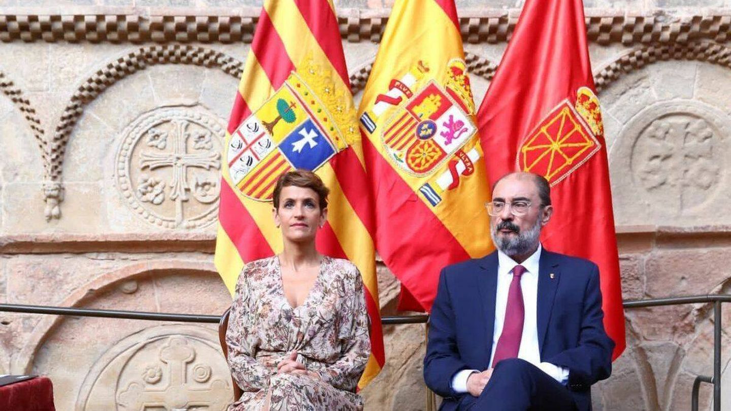 Lambán y Chivite, en el homenaje a los reyes de Aragón y Navarra en San Juan de la Peña. (Gobierno de Aragón)