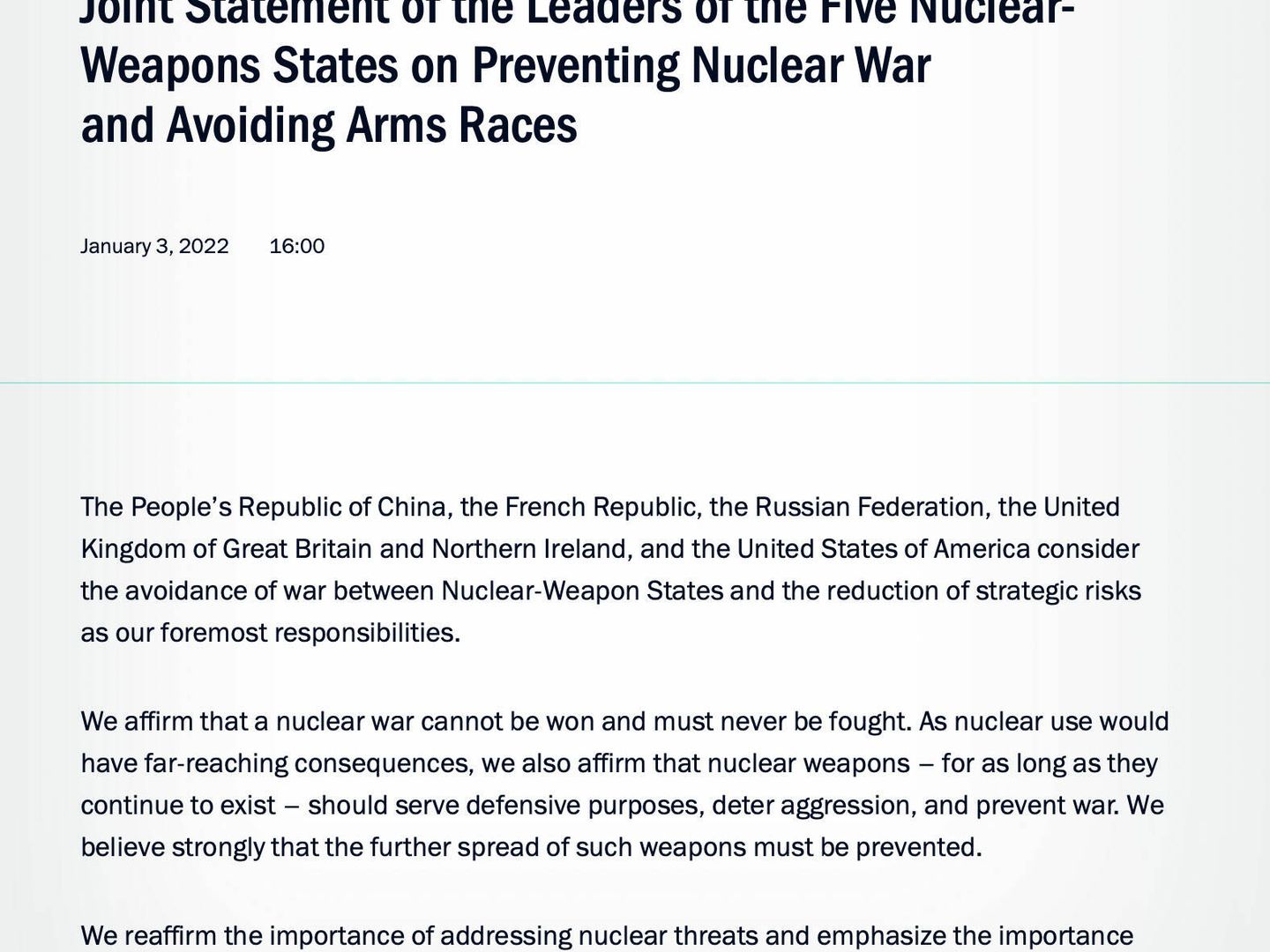 Captura de pantalla de la declaración contra la guerra nuclear firmada por Putin y las otras cuatro potencias nucleares mundiales el 3 de enero de 2022 (Presidencia de Rusia)