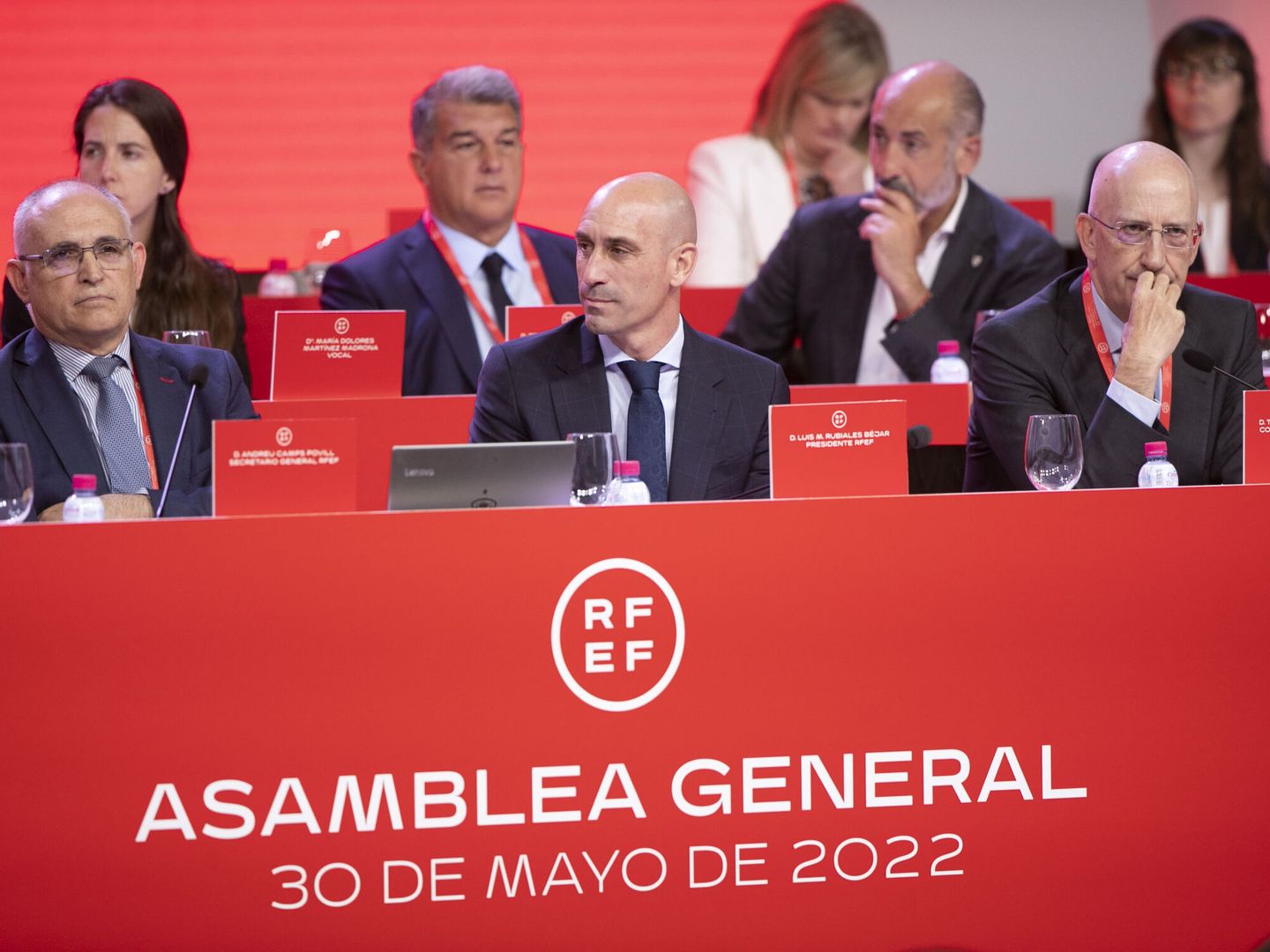 Luis Rubiales (c) junto a González Cueto (d) durante la Asamblea General de la RFEF. (EFE)