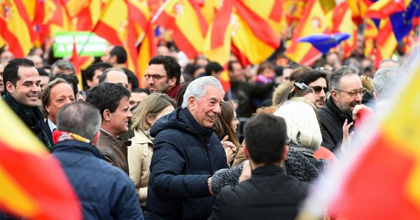 Foto: El escritor Mario Vargas Llosa asiste a la concentración en la plaza de Colón de Madrid. (EFE)