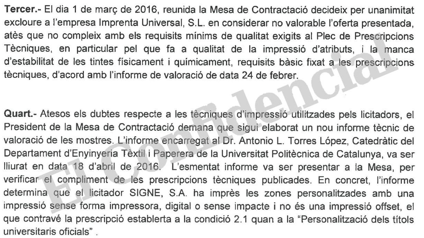 Extracto de la decisión rectoral de la Universidad de Barcelona.