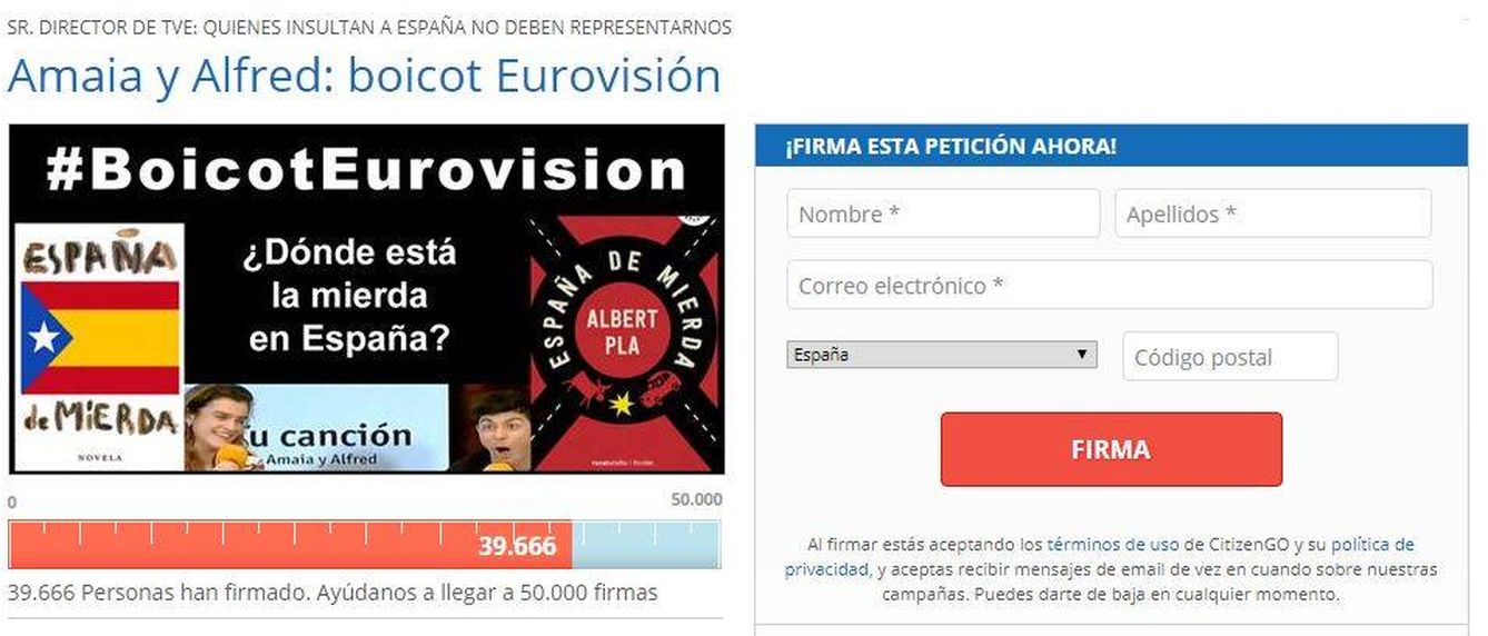 Captura de la página de la recogida de firmas con la que buscan un 'boicot' a Eurovisión.