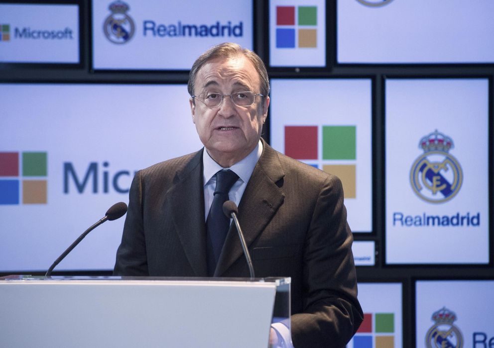 Foto: Florentino Pérez, en el acto de presentación del acuerdo del Real Madrid con Microsoft (Efe)