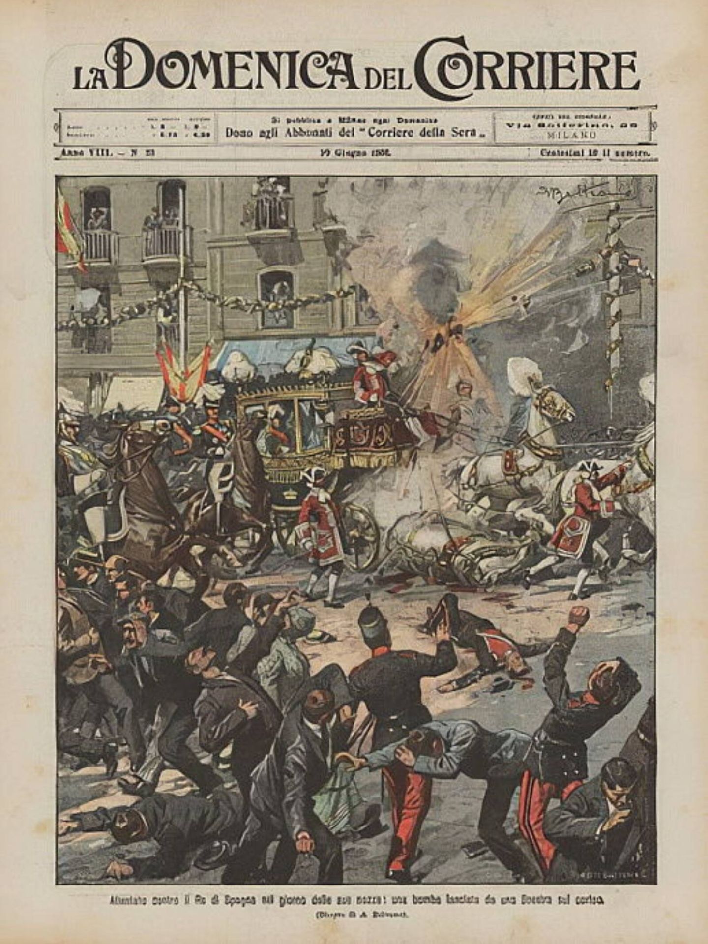 Portada del periódico 'La Domenica del Corriere' con una ilustración del atentado sufrido. (Real Biblioteca/Cortesía)