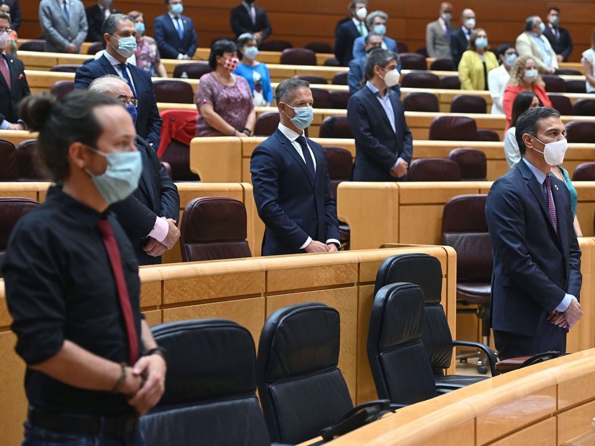 Foto: El presidente del Gobierno, Pedro Sánchez (d), y el vicepresidente segundo, Pablo Iglesias (d), durante el último pleno del Senado. (EFE)