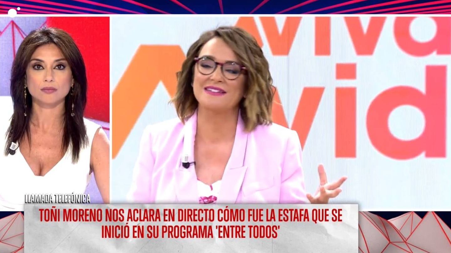 Conexión telefónica con Toñi Moreno, en el programa 'Todo es mentira'. (Mediaset España)