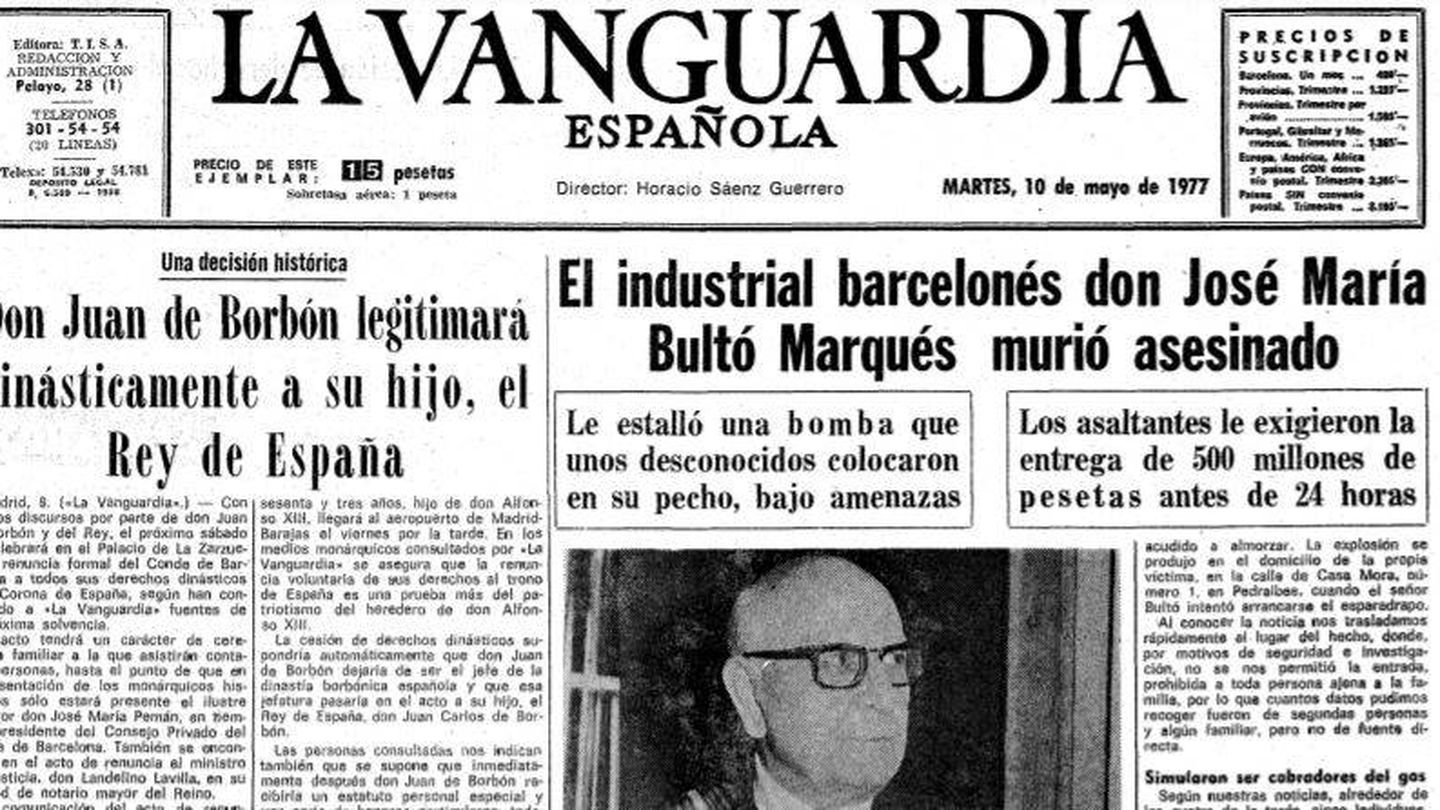 Portada de 'La Vanguardia' que informa del asesinato de Bultó.