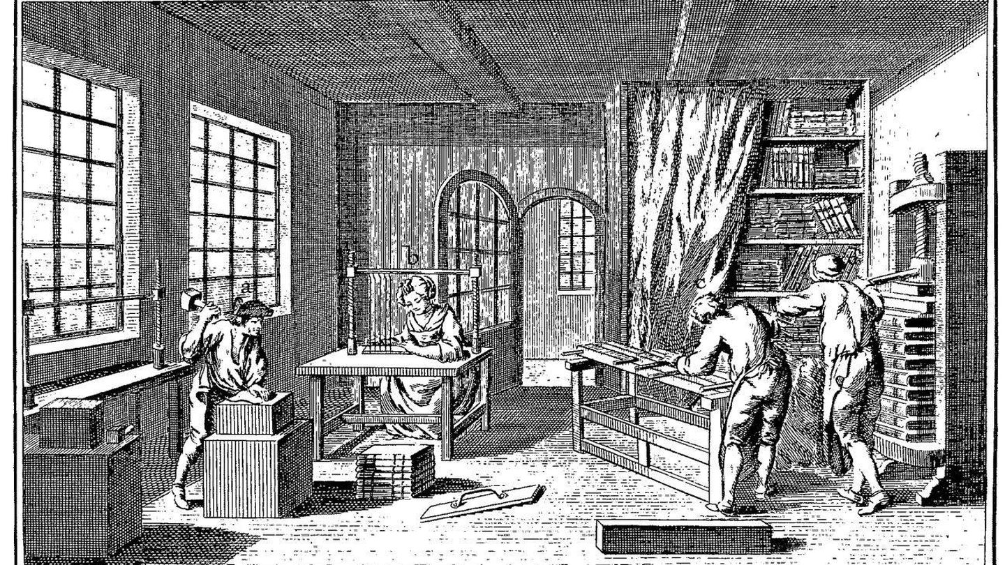 Grabado de un taller de impresión publicado en la 'Enciclopedia' de Diderot (s. XVIII)