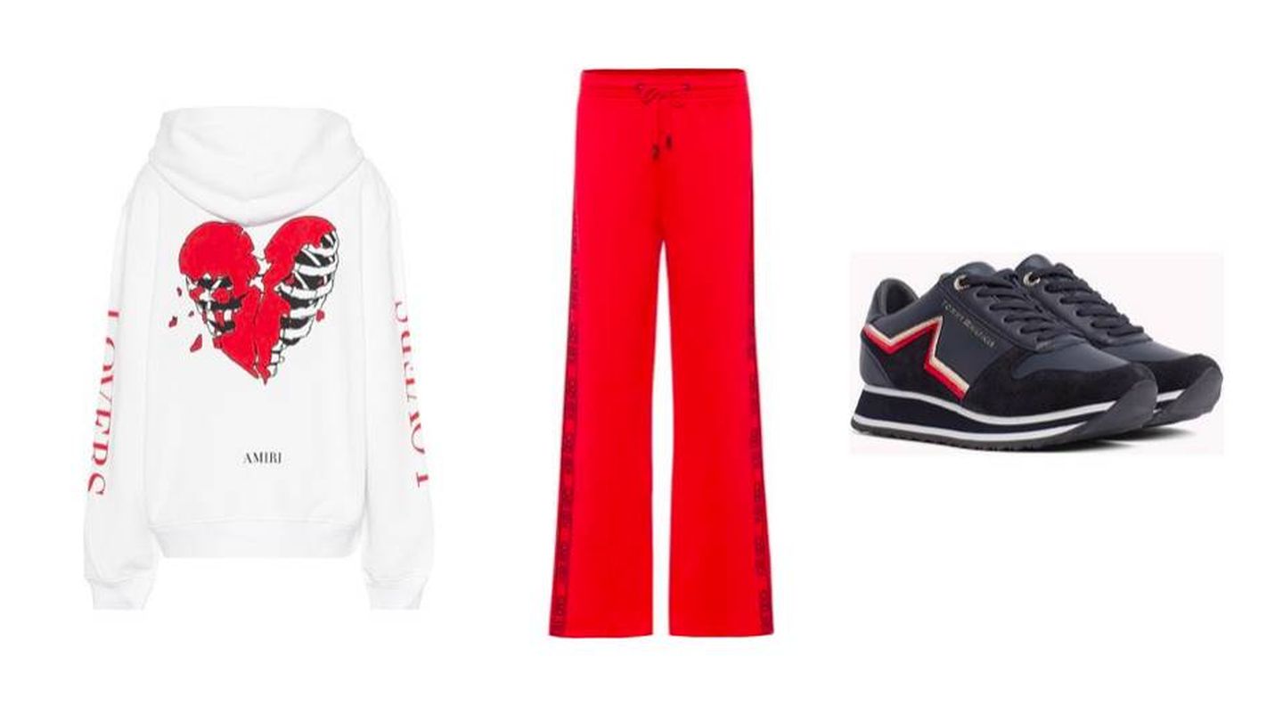Sudadera de Amiri (625 €), pantalón de Kenzo (300 €) y zapatillas de deporte de Tommy Hilfiger (99,90 €).