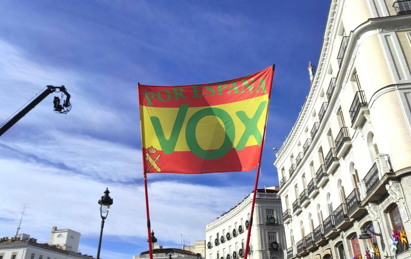 Bandera de España con el logo impreso de Vox, vista en la manifestación de Puerta del Sol. (L.B.)