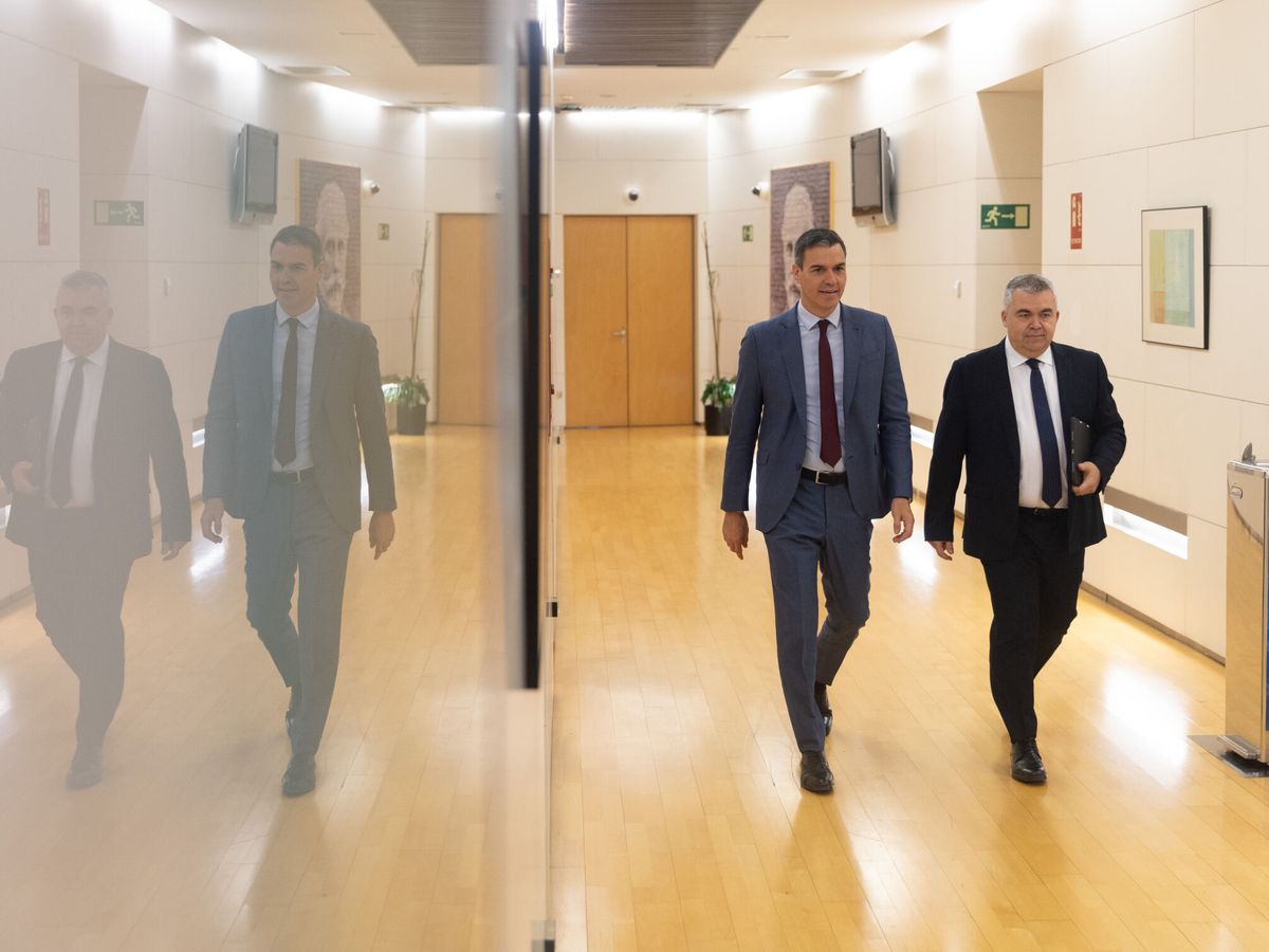 Foto: Pedro Sánchez y Santos Cerdán, en las dependencias del PSOE en el Congreso. (Europa Press/Eduardo Parra)