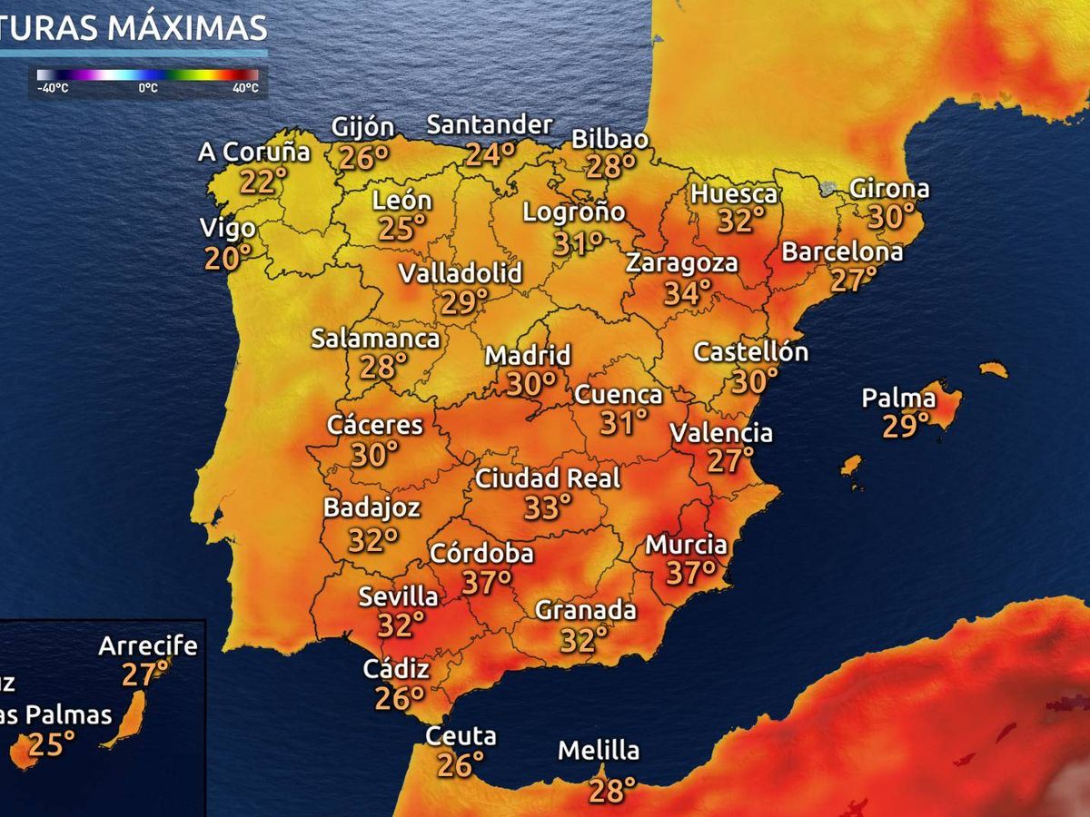 Foto: Temperaturas máximas para el sábado. (eltiempo.es)