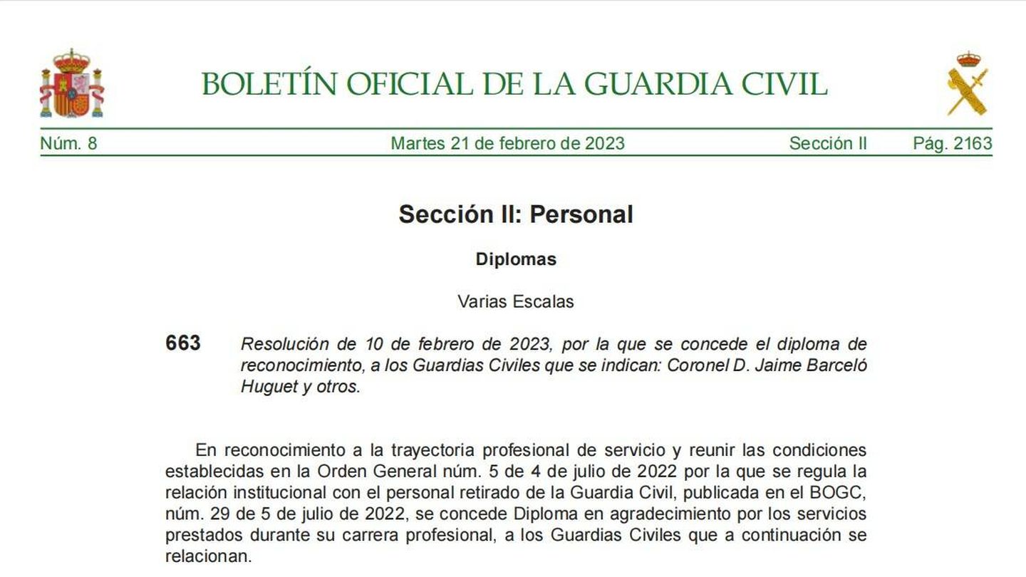 Boletín Oficial de la Guardia Civil en el que se explican los motivos del reconocimiento.