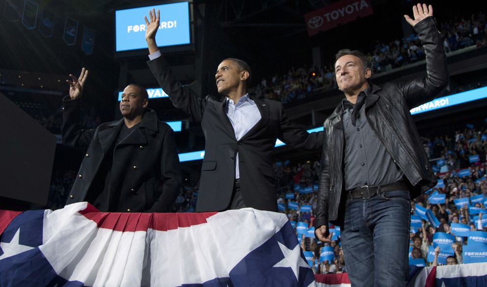 Los cantantes Jay-Z y Bruce Springsteen durante la campaña electoral de Barack Obama en Ohio en noviembre de 2012 (I.C.)