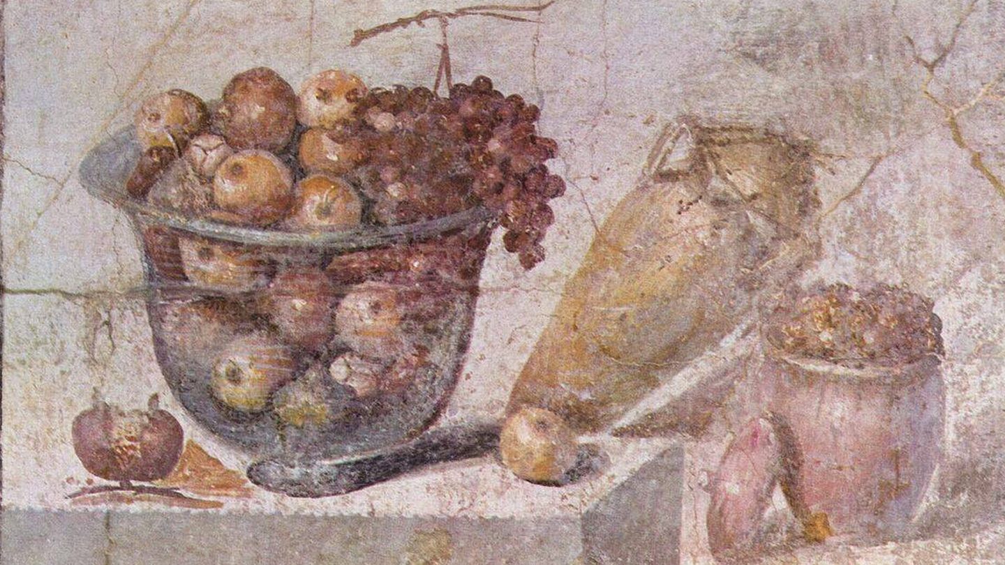 Detalle de un fresco en Pompeya, realizado hacia el año 70 a.C., en el que se pueden apreciar botijos con diferentes tipos de frutas. (Wikipedia)