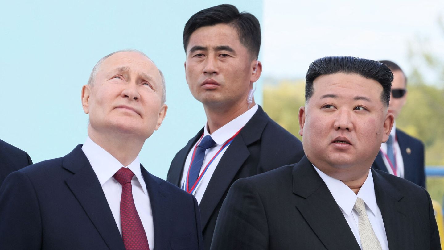 Russia's President Vladimir Putin and North Korea's leader Kim Jong Un visit the Vostochny Сosmodrome in the far eastern Amur region, Russia, September 13, 2023. Sputnik Mikhail Metzel Kremlin via REUTERS ATTENTION EDITORS - THIS IMAGE WAS PROVIDED BY A THIRD PARTY. THIS PICTURE WAS PROCESSED BY REUTERS TO ENHANCE QUALITY. AN UNPROCESSED VERSION HAS BEEN PROVIDED SEPARATELY.