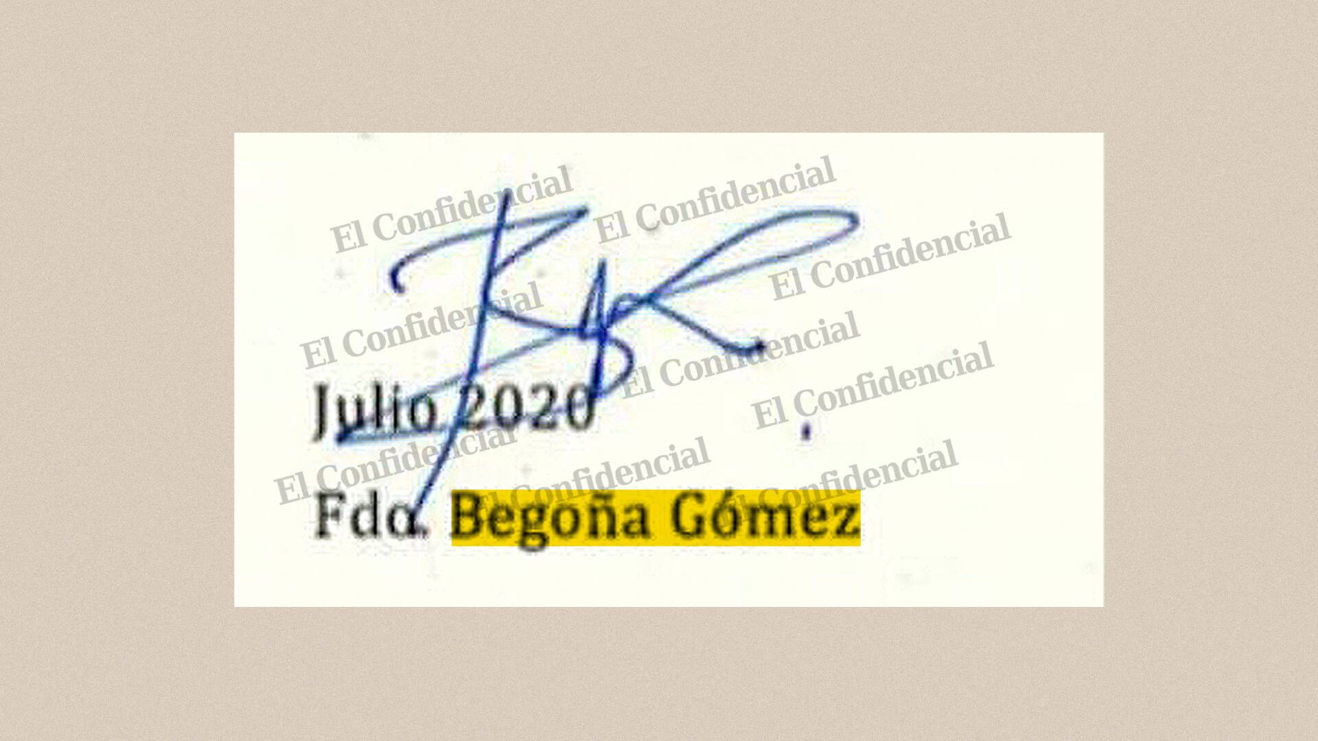 Detalle de la firma de Begoña Gómez en la carta de apoyo a la UTE formada por Barrabés y The Valley. (EC)