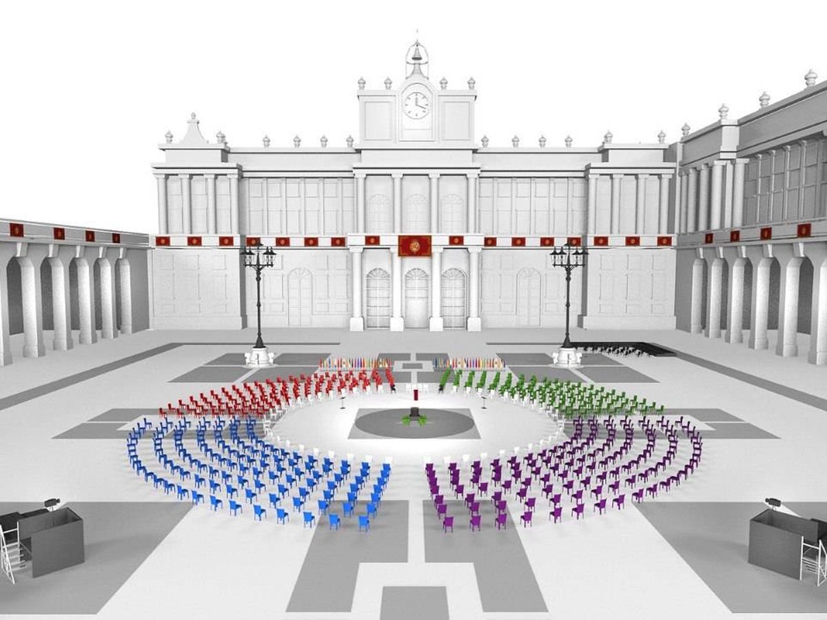 Foto: Recreación infográfica de cómo será la ceremonia civil de Estado a las víctimas del covid-19 en la plaza de la Armería del Palacio Real, el próximo 16 de julio. (Moncloa)