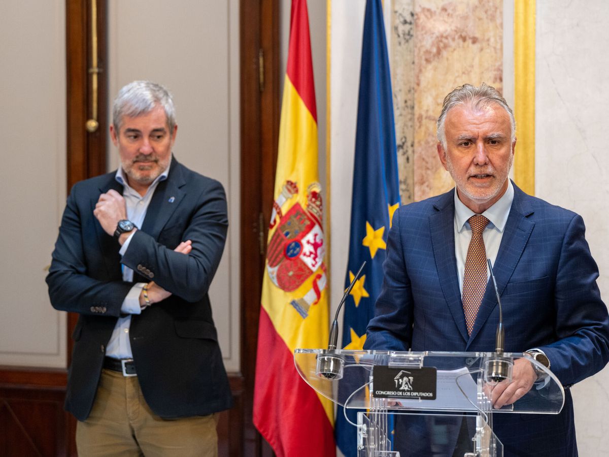 Foto: El ministro de Política Territorial y Memoria Democrática, Ángel Víctor Torres (d), y el presidente de Canarias, Fernando Clavijo. (EFE/Fernando Villar)