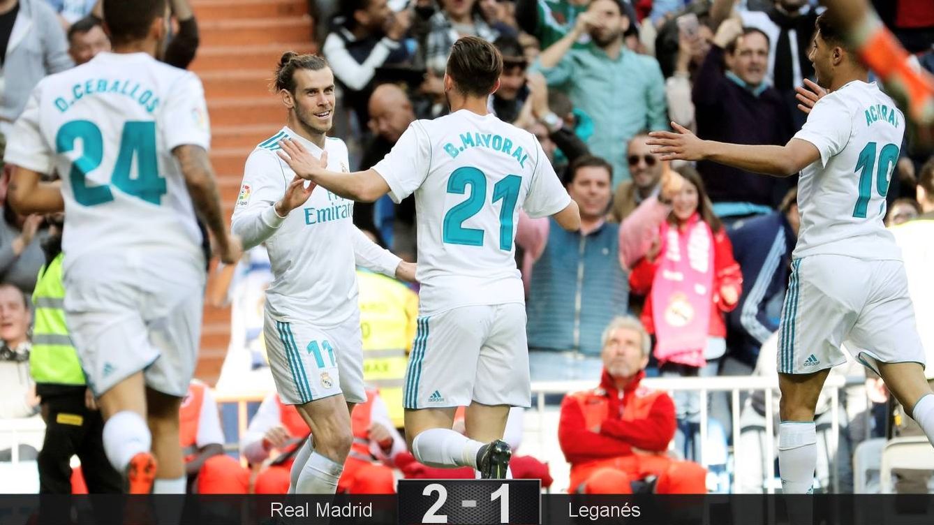 Foto: Gareth Bale celebra su gol ante el Leganés con varios de sus compañeros. (EFE)