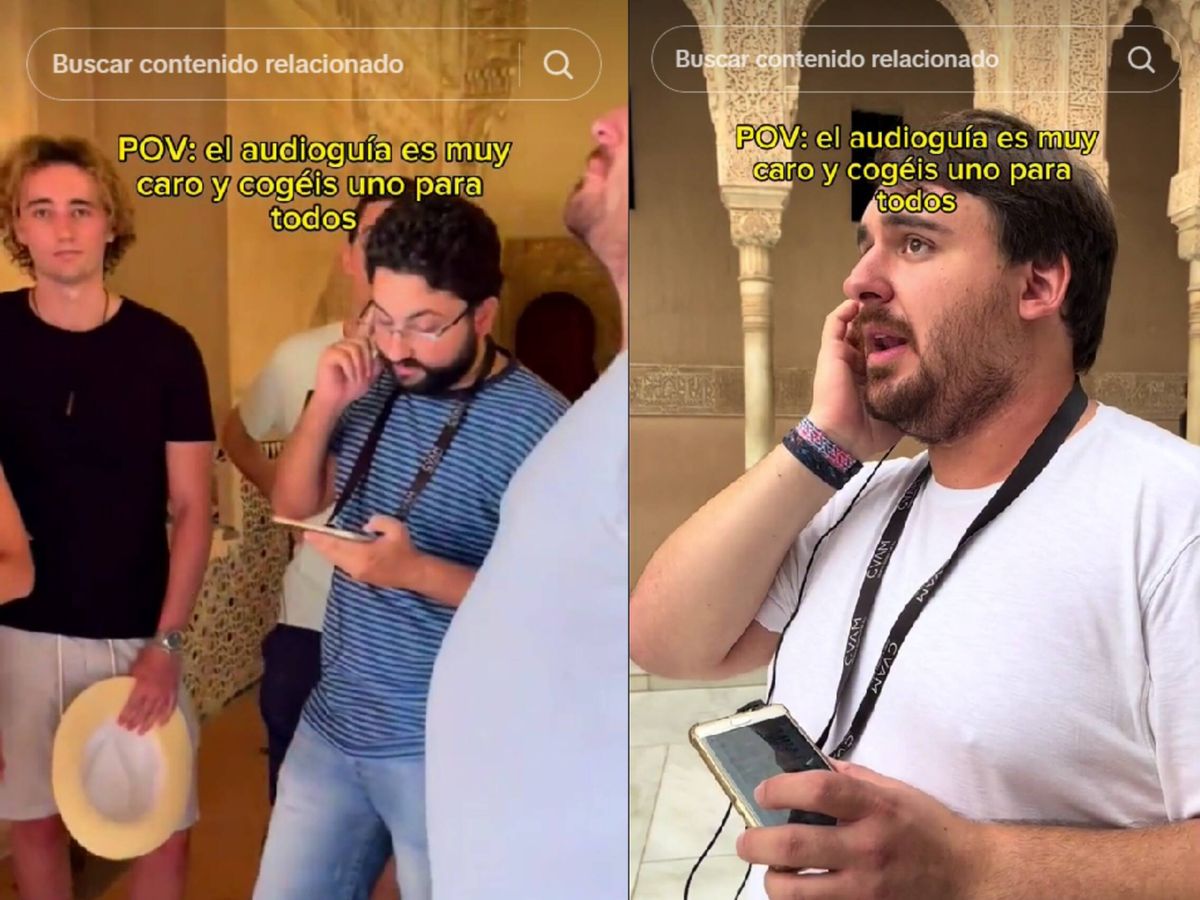 Foto: Visitan la Alhambra y utilizan una sola audioguía para todos. (TikTok/@elenaezna )