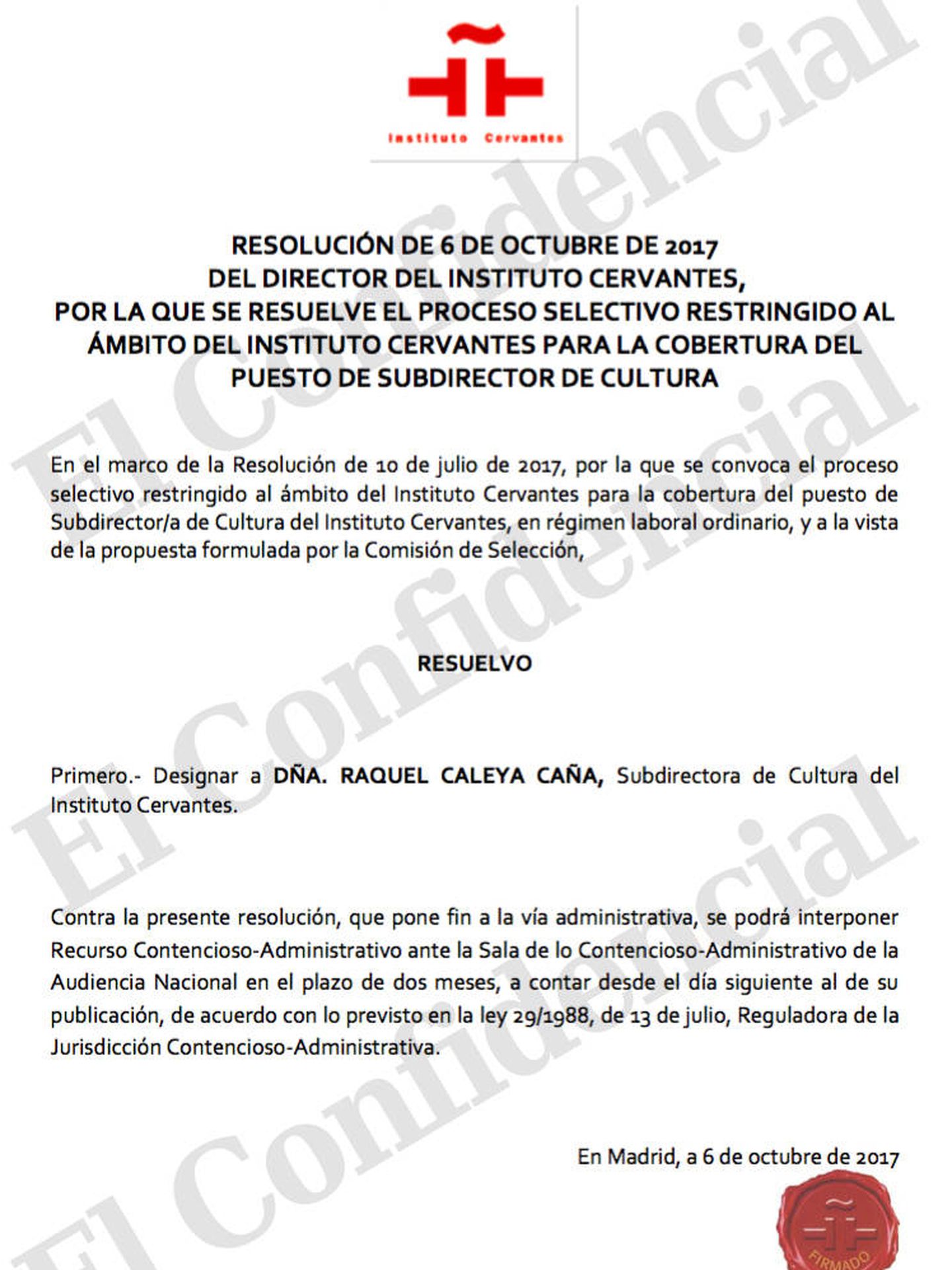Designación de Raquel Caleya como subdirectora de Cultura del Cervantes firmada por Juan Manuel Bonet.