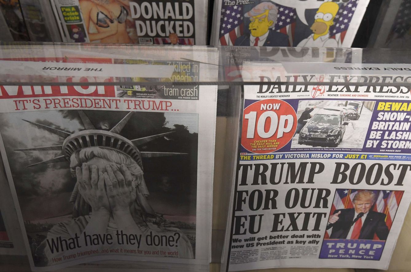 Periódicos británicos en un quiosco de Londres informan sobre la victoria de Donald Trump, el 10 de noviembre de 2016. (Reuters)