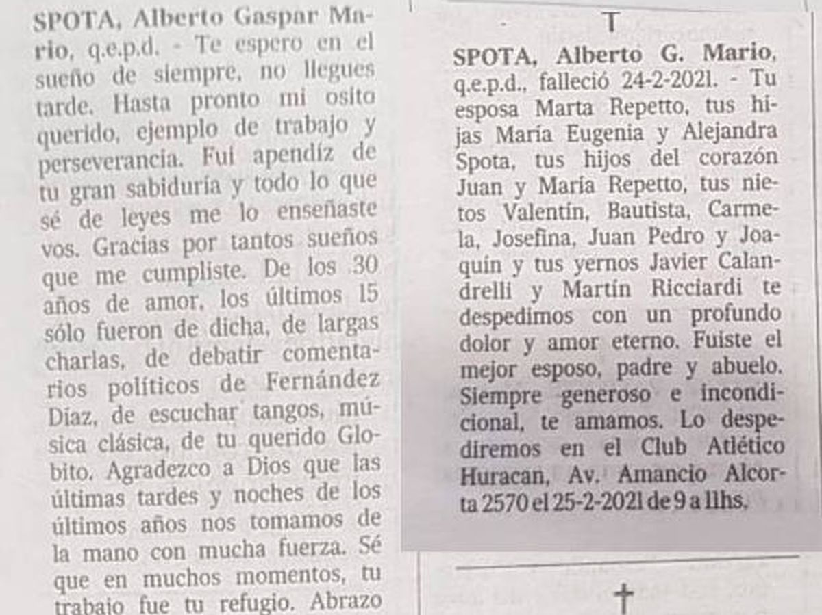 Foto: Las dos esquelas aparecieron en el mismo periódico el mismo día (La Nación)