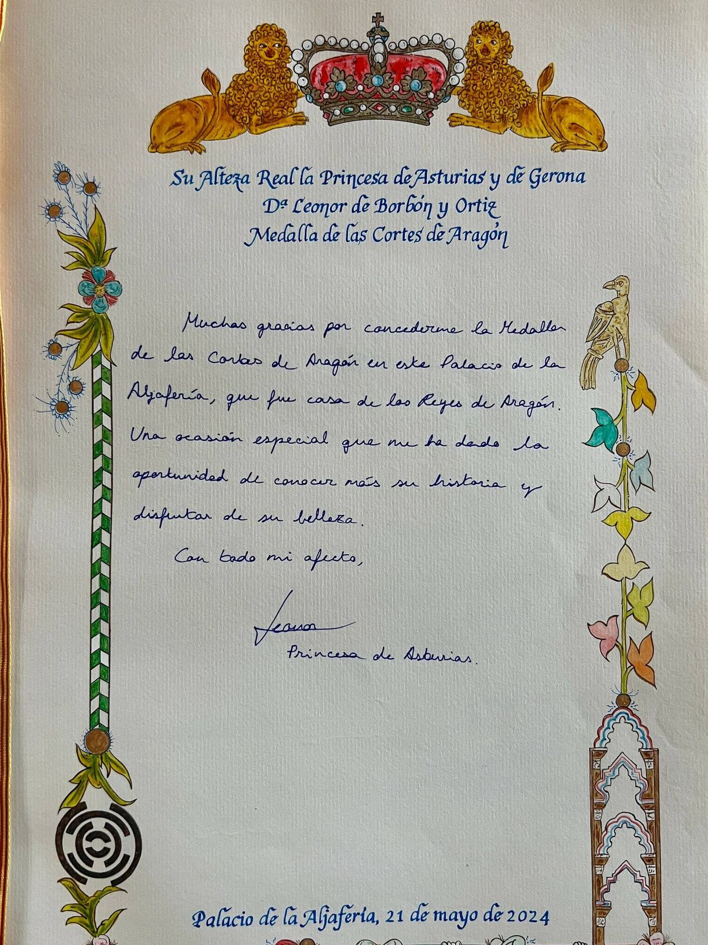 Mensaje escrito por la Princesa tras recibir la medalla de las Cortes. (Casa Real)
