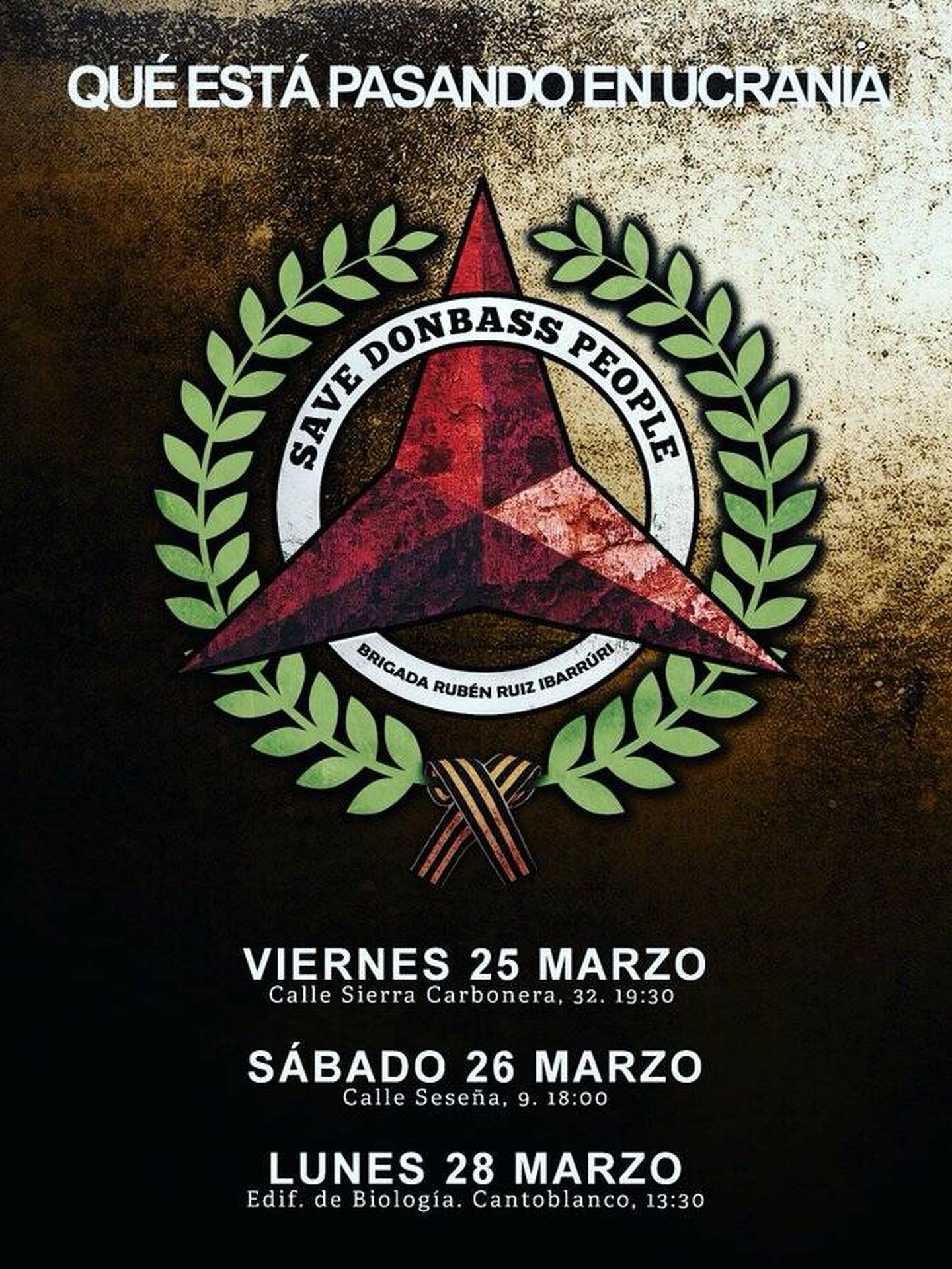 Cartel con los horarios de las charlas de la Brigada Rubén Ruiz Ibárruri.