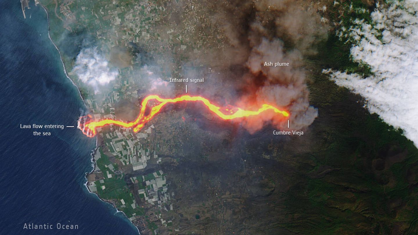 Imagen satelital de la erupción del volcán en La Palma (ESA)