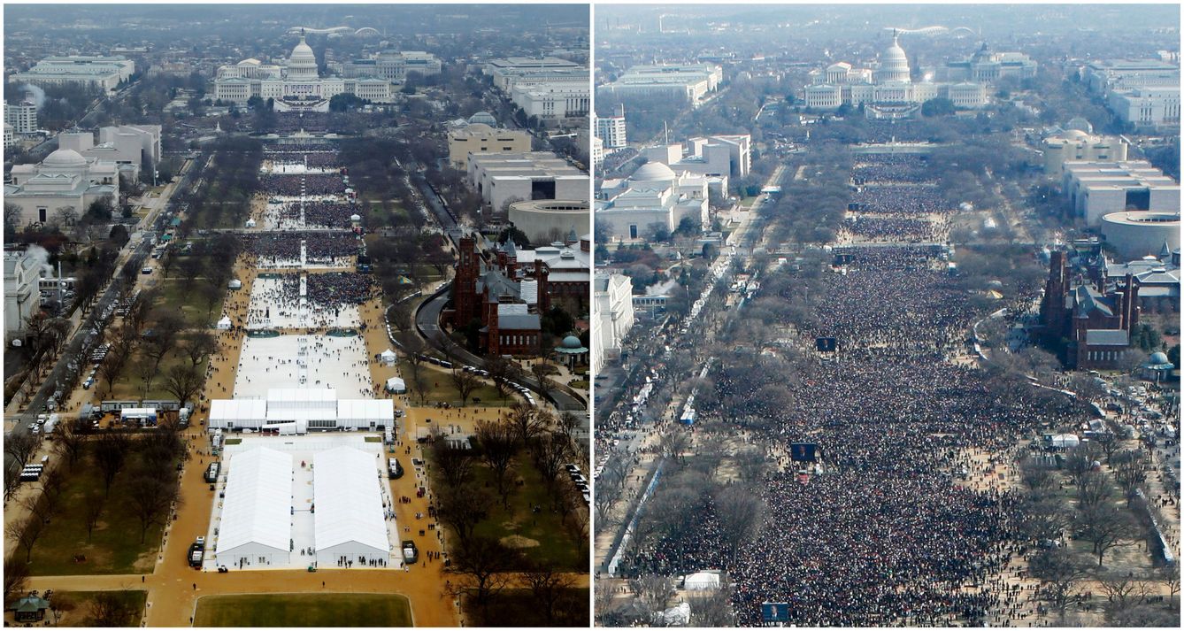 Foto: A la izquierda, el público para ver a Donald Trump a la hora de comienzo del acto (12:01). A la derecha, la primera investidura de Obama (Reuters)