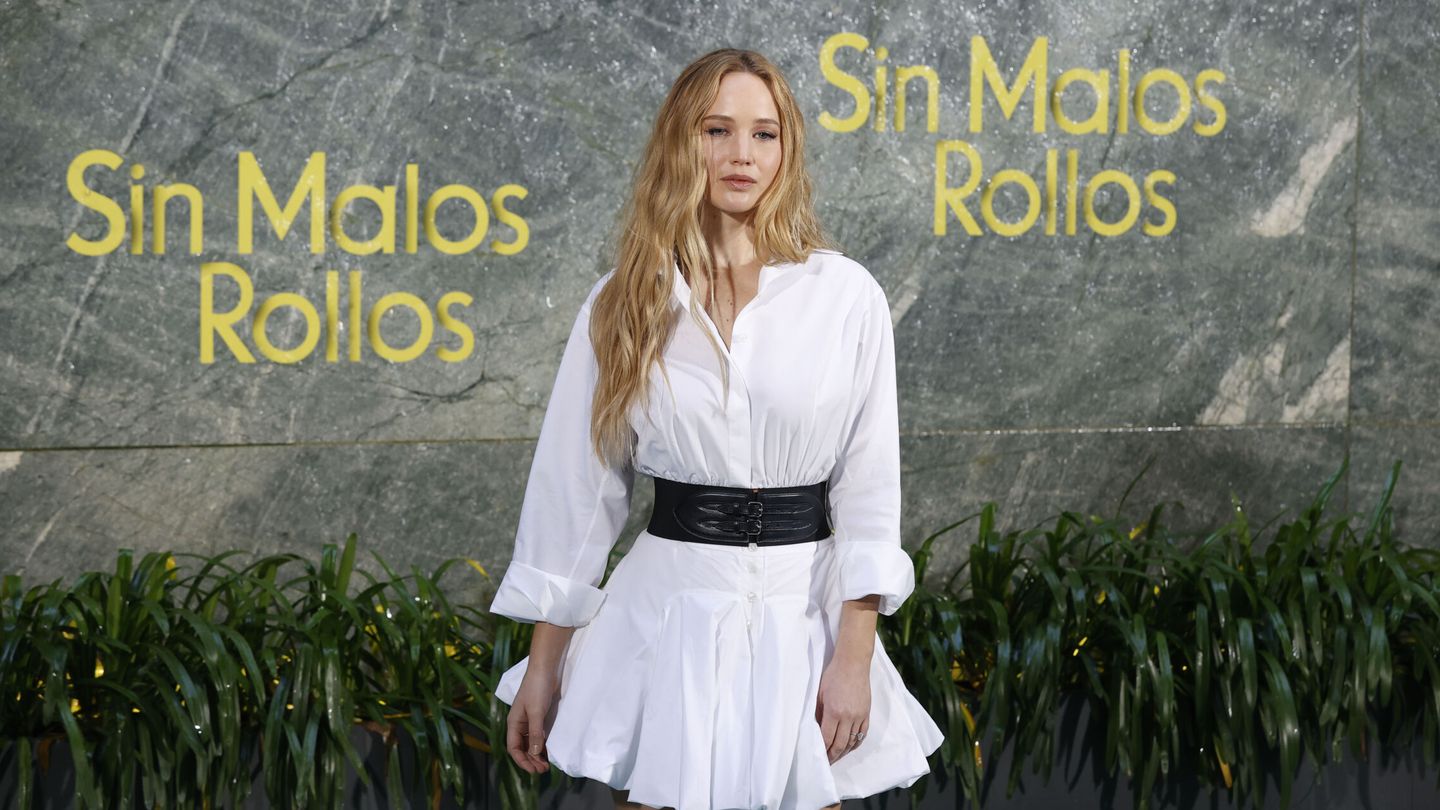 Jennifer Lawrence, en la presentación de la película 'Sin malos rollos' en Madrid. (EFE/Juan Carlos Hidalgo) 