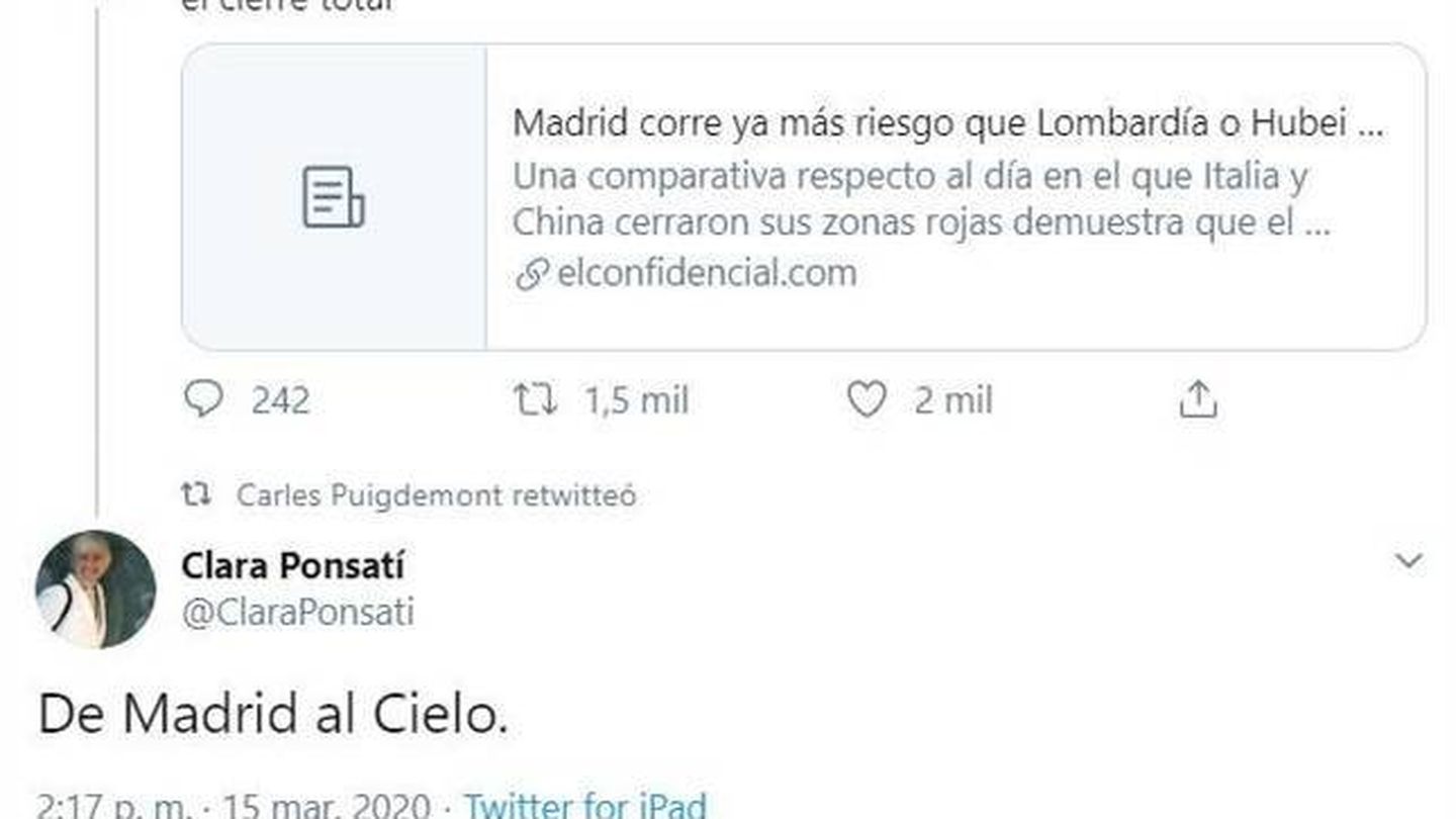 Imagen del polémico tuit de Ponsatí, que ha borrado de su perfil. (Twitter).