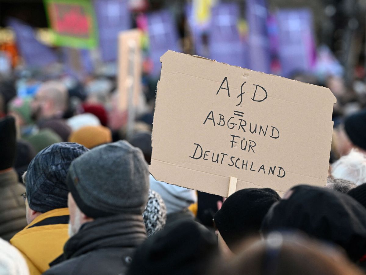 Foto: Manifestantes con una pancarta de "Abismo para Alemania" con las siglas de AfD en Hamburgo, el 19 de enero. (Reuters/Carmen Jaspersen)
