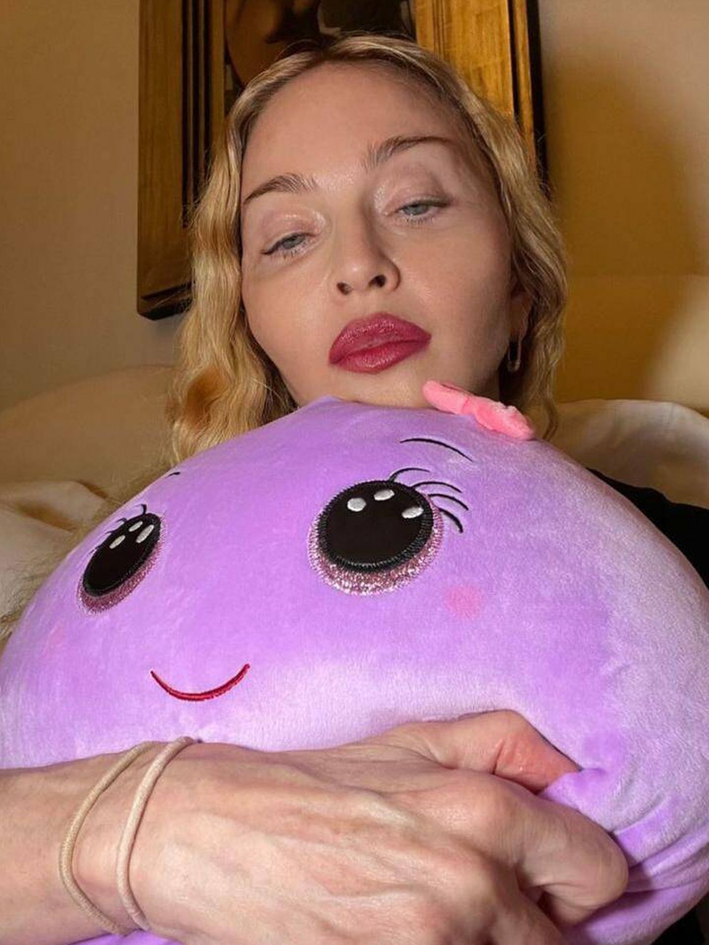Una fotografía de Madonna abrazada a un peluche publicada en una historia. (Instagram/@madonna)