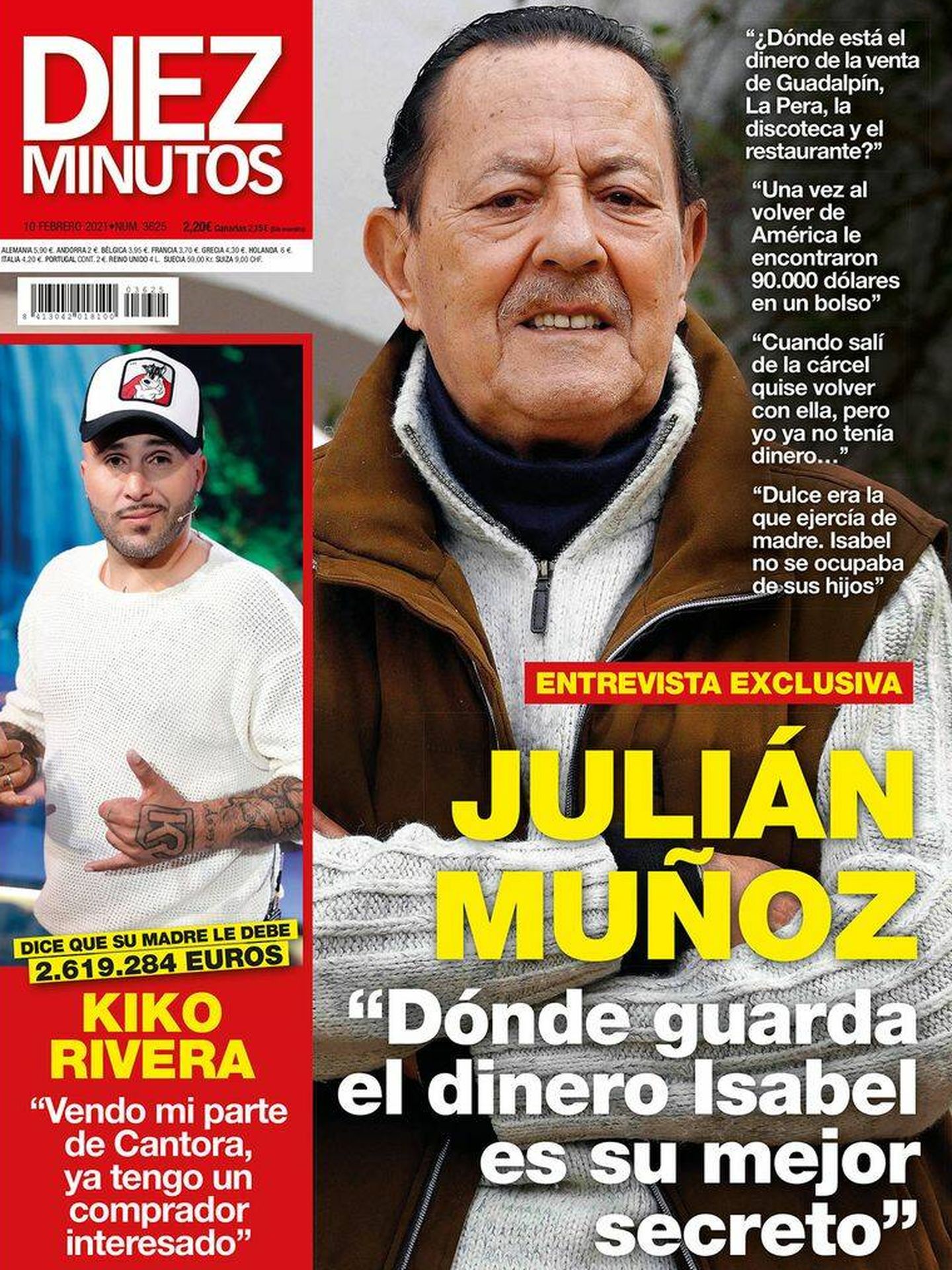Portada de 'Diez Minutos' de febrero de 2021 en la que Julián Muñoz arremete contra Isabel Pantoja.