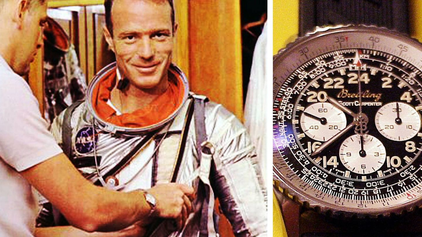 Scott Carpenter, junto al reloj que llevó. (Foto: Breitling Museum)