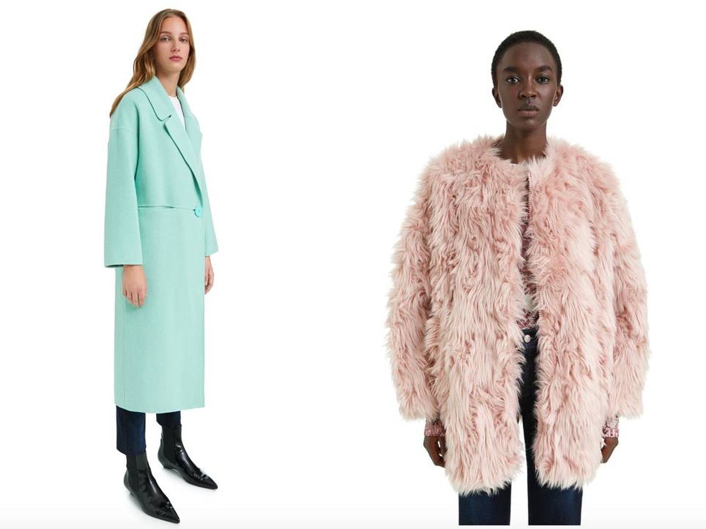 Abrigo largo de color menta y rosa con pelo (hoy ambos valen 350 €) de Bimba y Lola.