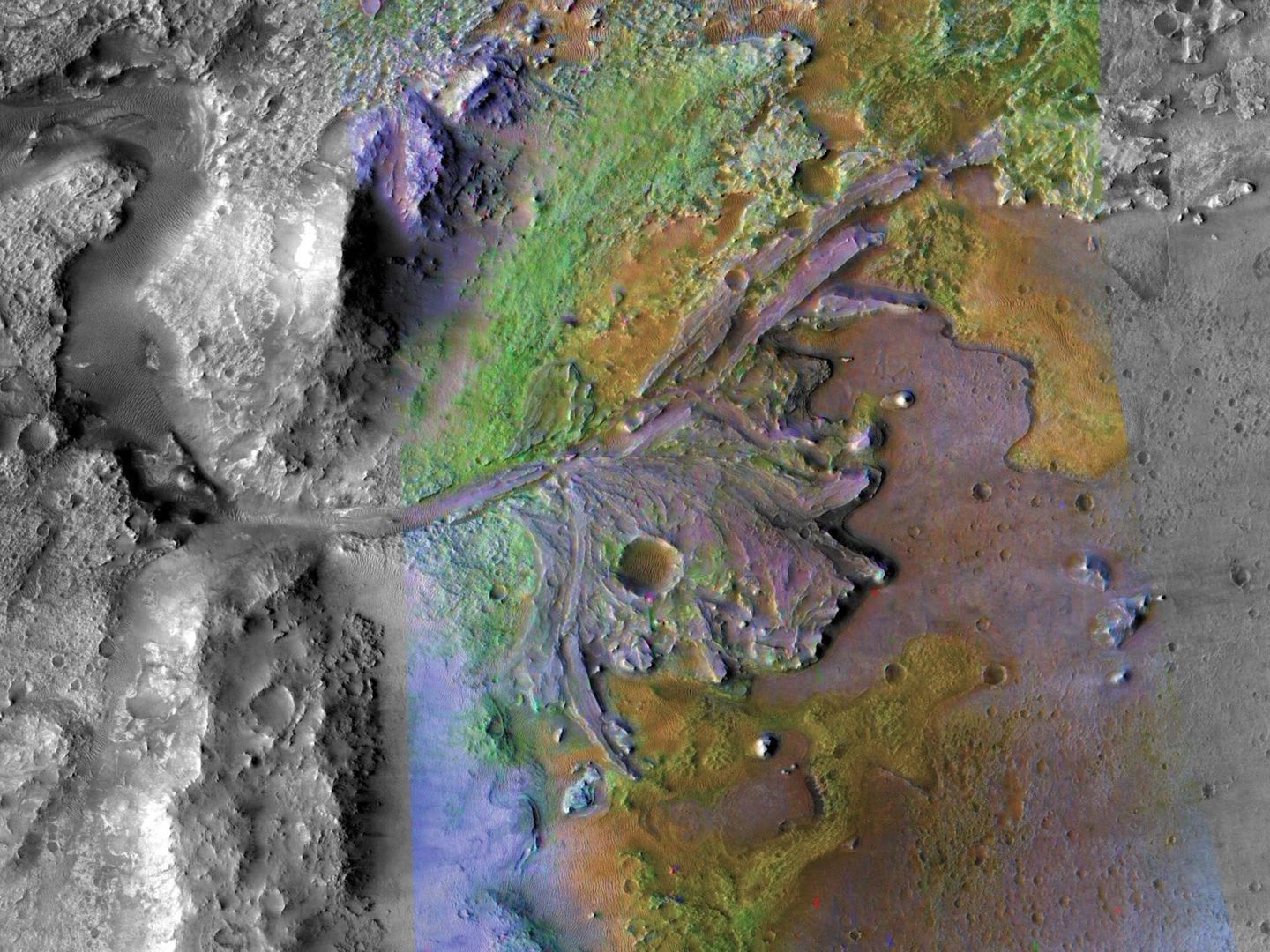 Imagen del delta del cráter Jezero, en Marte, donde la NASA busca posibles indicios de vida antigua entre los sedimentos de un lago desaparecido. Foto: (NASA/JPL/JHUAPL/MSSS/Brown University)