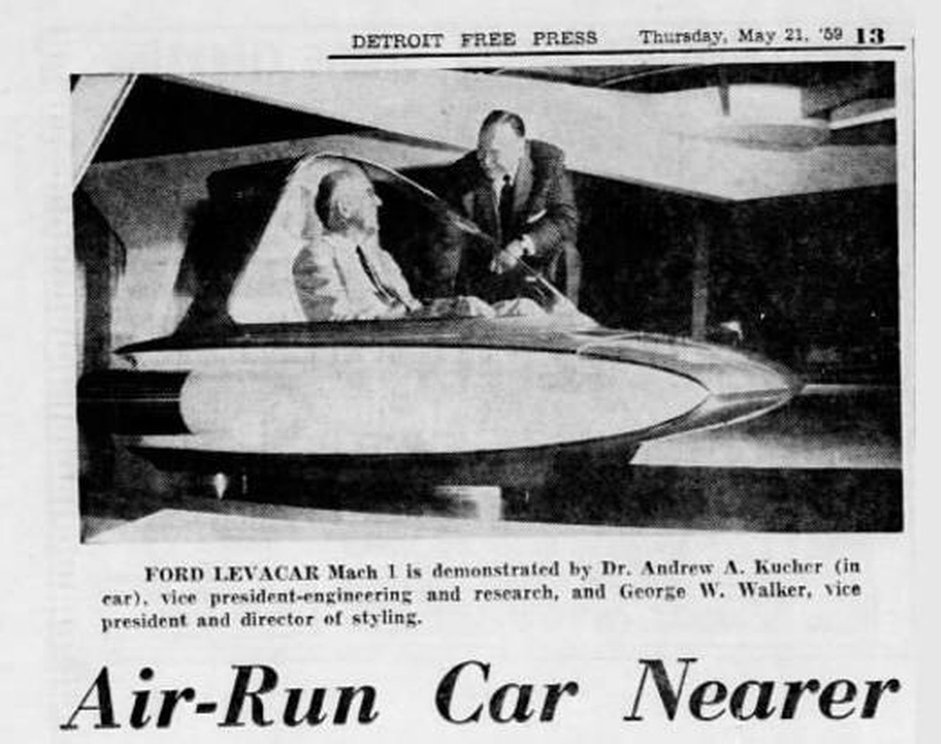 Presentación del Levacar Mach I en 1959, relatada en el ‘Detroit Free Press’