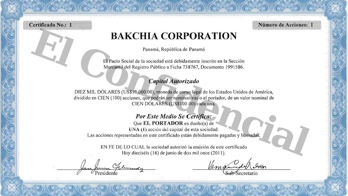 Certificado de registro de Bakchia Corporation en Panamá.