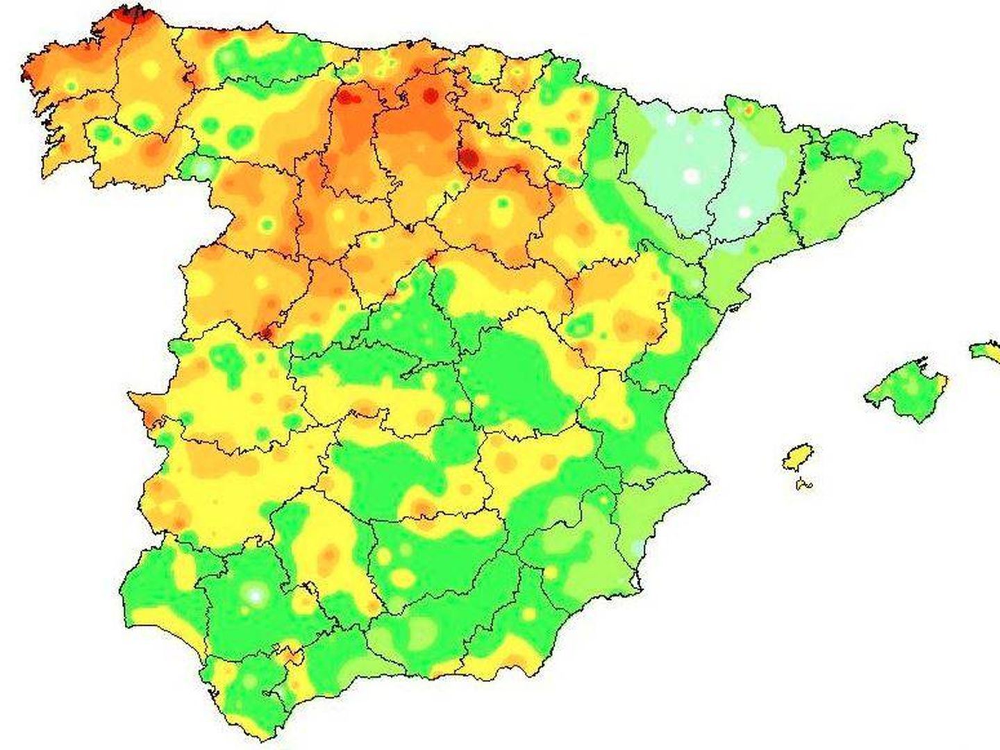 España durante el pasado fin de semana. En los puntos rojos, la velocidad del viento superó los 120 km/h. (AEMET)