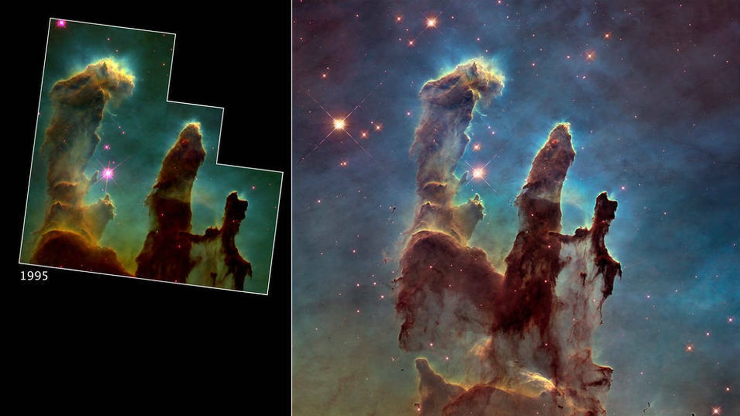 La primera imagen de los Pilares de la Creación de 1995 comparada con la que el Hubble tomó en 2014. (NASA)