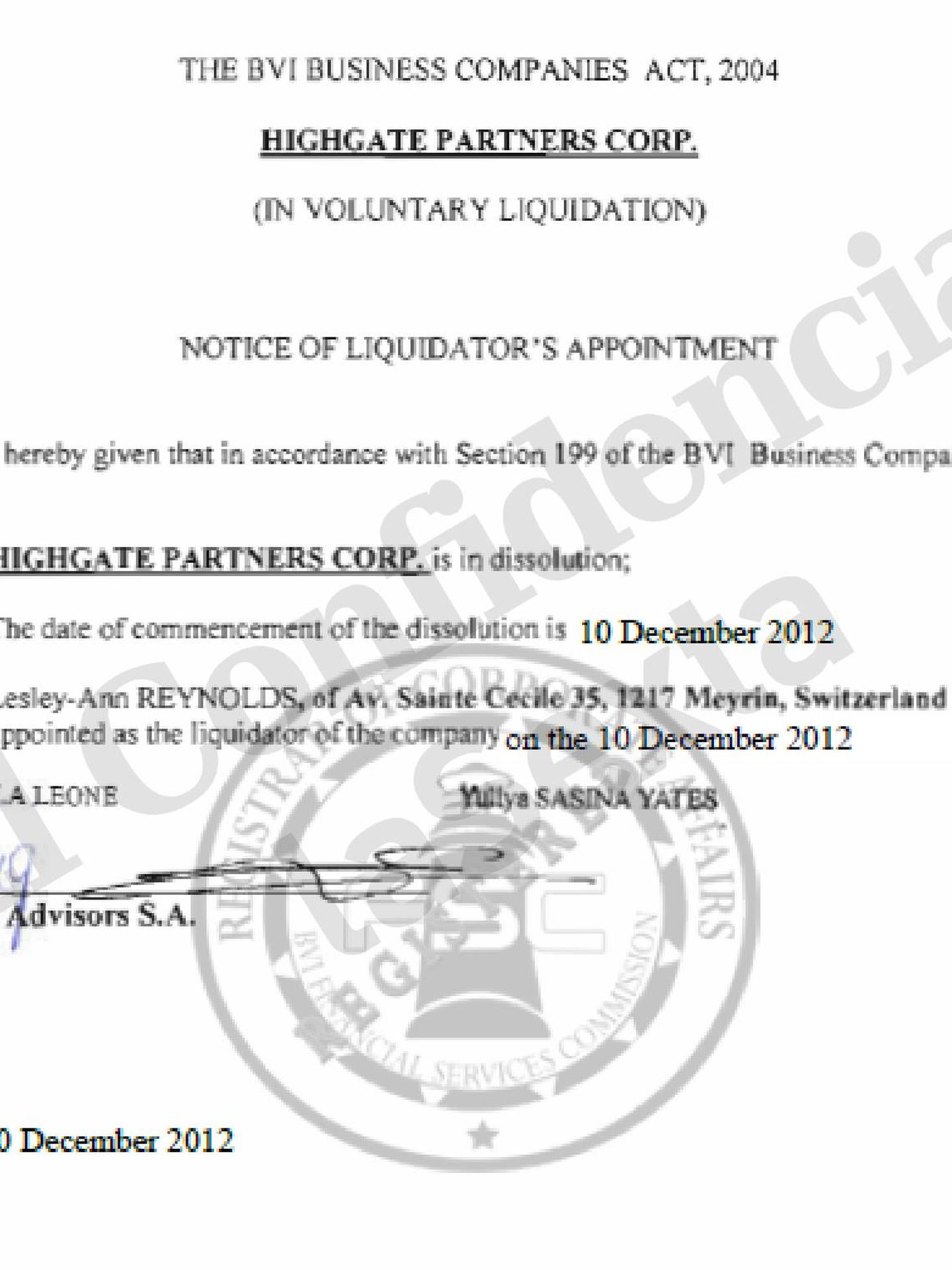 Autorización legal para la liquidación de Highgate Partners Corp, firmado por la sociedad panameña Growth Advisors SA.